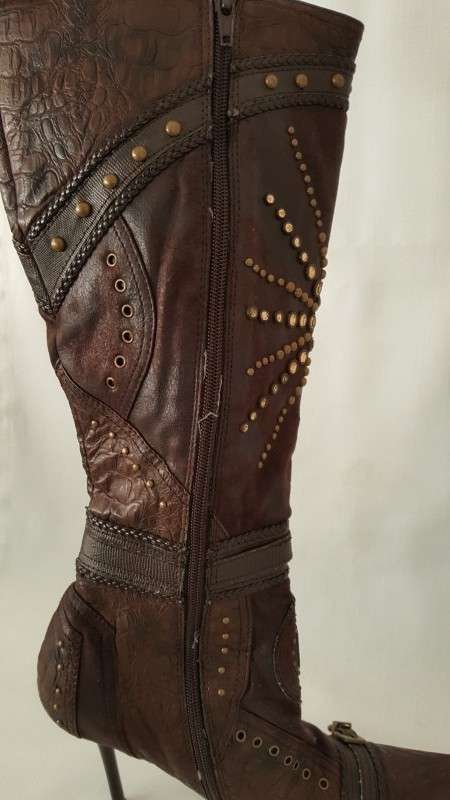 A beautiful and very sexy pair of brown ladies 1to3 mid-calf "studded" stiletto heel zip-up boots