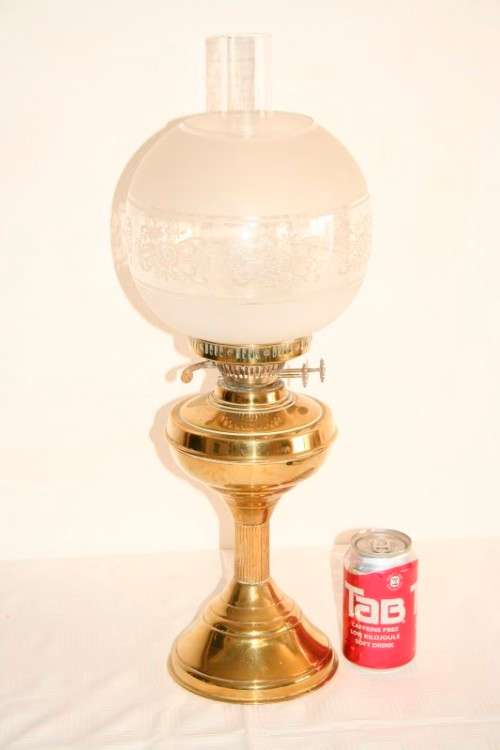 A magnificent tall antique solid brass "double-wick" paraffin lamp w/ snuffer & frosted glass shade