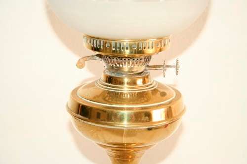 A magnificent tall antique solid brass "double-wick" paraffin lamp w/ snuffer & frosted glass shade