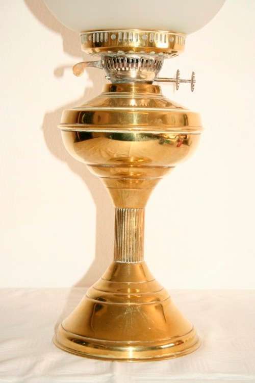 A magnificent tall antique solid brass "double-wick" paraffin lamp w/ snuffer & frosted glass shade