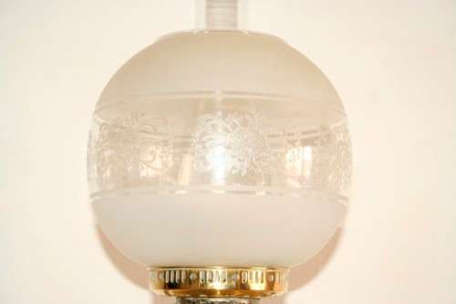 A magnificent tall antique solid brass "double-wick" paraffin lamp w/ snuffer & frosted glass shade