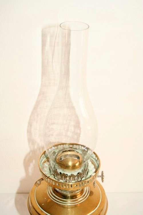 A magnificent tall antique solid brass "double-wick" paraffin lamp w/ snuffer & frosted glass shade