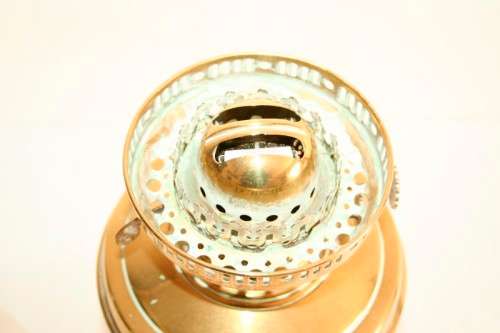 A magnificent tall antique solid brass "double-wick" paraffin lamp w/ snuffer & frosted glass shade