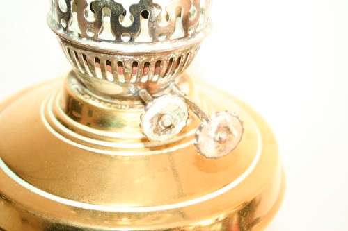 A magnificent tall antique solid brass "double-wick" paraffin lamp w/ snuffer & frosted glass shade