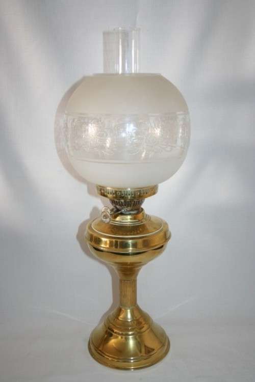 A magnificent tall antique solid brass "double-wick" paraffin lamp w/ snuffer & frosted glass shade