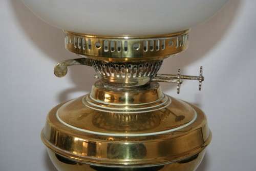 A magnificent tall antique solid brass "double-wick" paraffin lamp w/ snuffer & frosted glass shade