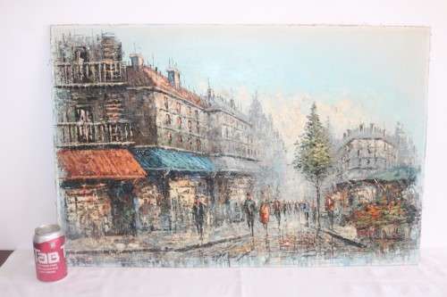 A striking oil on board signed painting of a French street scene - amazing, vibrant art