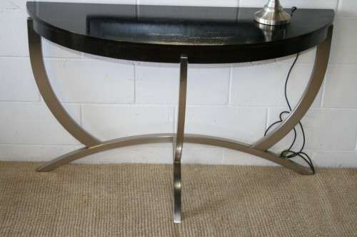An awesome modern brushed steel framed half-moon console/ occasional table with a dark hardwood top