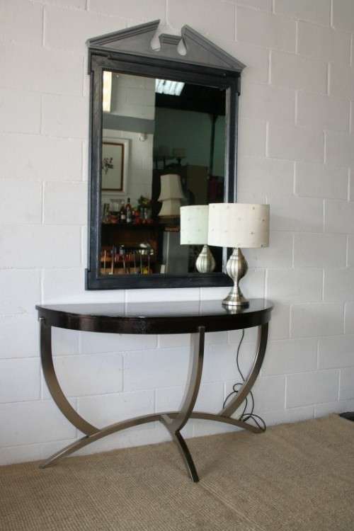 An awesome modern brushed steel framed half-moon console/ occasional table with a dark hardwood top