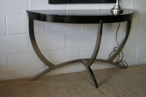 An awesome modern brushed steel framed half-moon console/ occasional table with a dark hardwood top