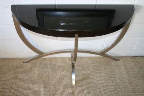 An awesome modern brushed steel framed half-moon console/ occasional table with a dark hardwood top