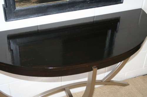 An awesome modern brushed steel framed half-moon console/ occasional table with a dark hardwood top