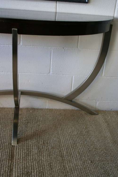An awesome modern brushed steel framed half-moon console/ occasional table with a dark hardwood top