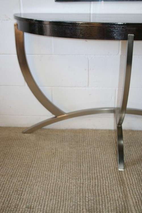 An awesome modern brushed steel framed half-moon console/ occasional table with a dark hardwood top
