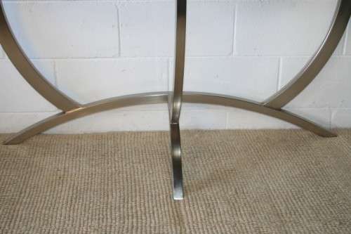 An awesome modern brushed steel framed half-moon console/ occasional table with a dark hardwood top