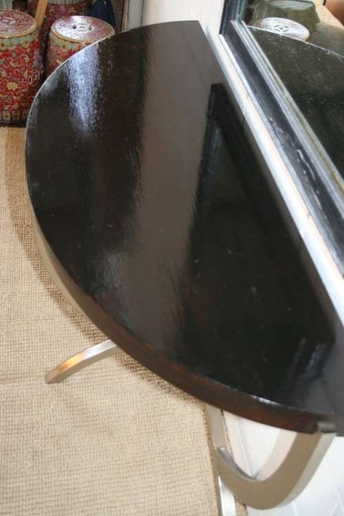 An awesome modern brushed steel framed half-moon console/ occasional table with a dark hardwood top