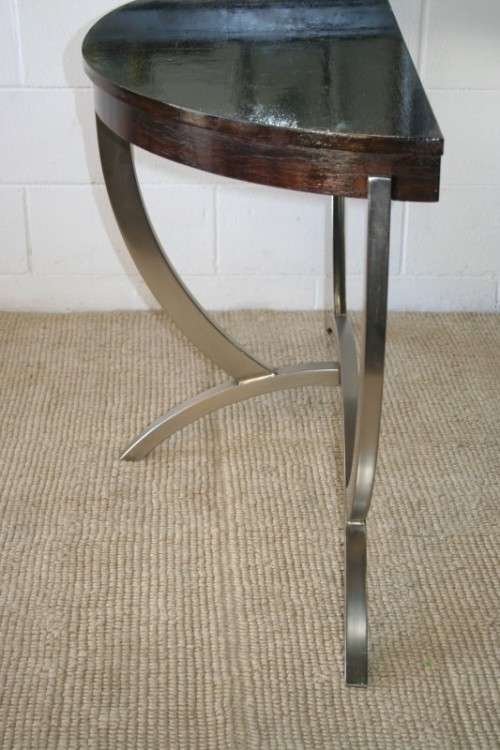 An awesome modern brushed steel framed half-moon console/ occasional table with a dark hardwood top