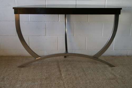An awesome modern brushed steel framed half-moon console/ occasional table with a dark hardwood top