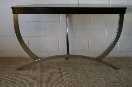 An awesome modern brushed steel framed half-moon console/ occasional table with a dark hardwood top