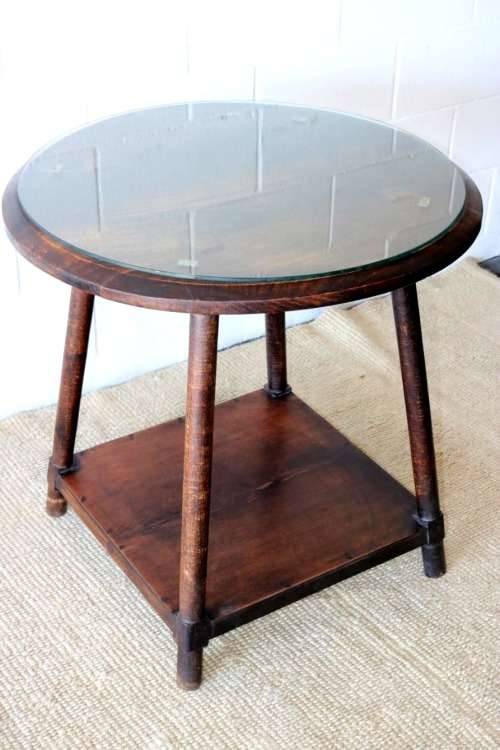 Wonderful stylish antique solid Oak occasional table w/ a glass top; lovely in an office - RS17Sale
