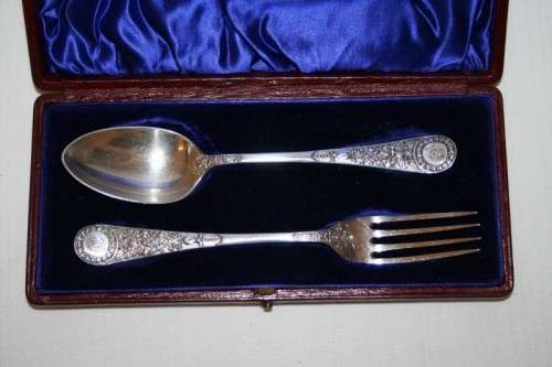 A magnificent antique hallmarked sterling silver "James Dixon & Sons" boxed fork and spoon set