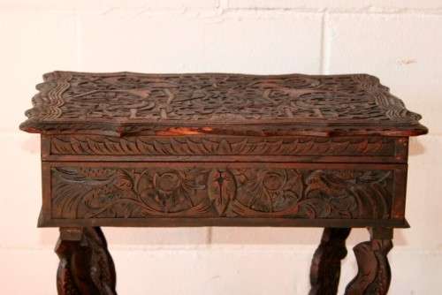 A spectacular & extremely unusual antique hand carved solid wooden sewing table storage stand - AAA