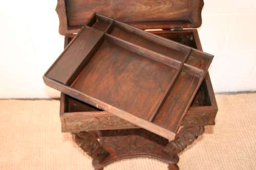 A spectacular & extremely unusual antique hand carved solid wooden sewing table storage stand - AAA