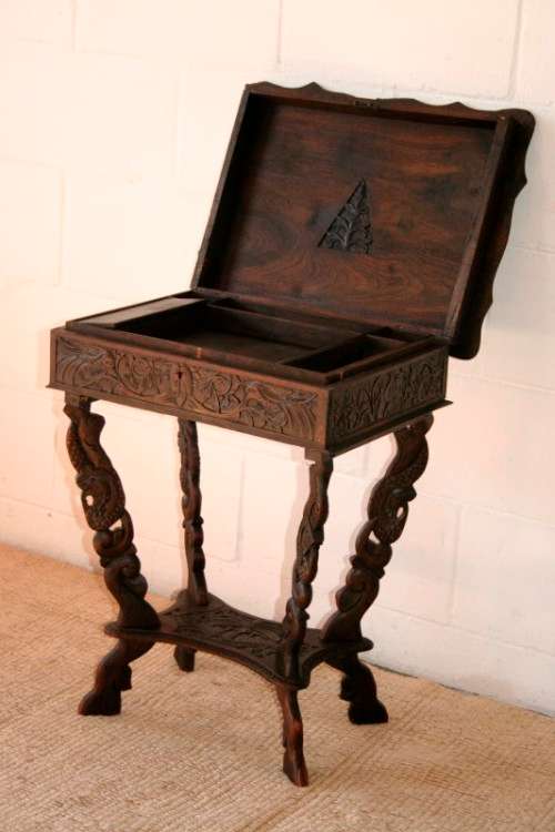 A spectacular & extremely unusual antique hand carved solid wooden sewing table storage stand - AAA