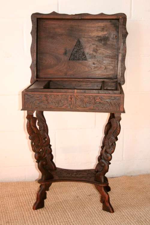 A spectacular & extremely unusual antique hand carved solid wooden sewing table storage stand - AAA