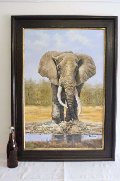 A wonderful large framed and signed oil on board painting of a magnificent elephant - stunning art!