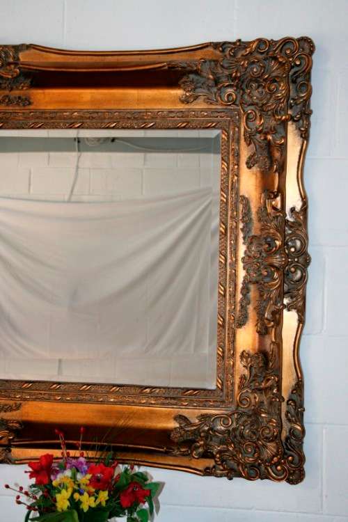Superbly detailed huge (150cm x 89cm) ornately moulded bevelled glass dressing/ mantle mirror RS17M