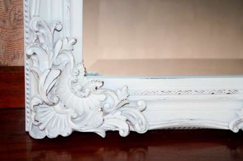 Beautiful ornately moulded "matt white" wooden framed bevelled glass wall mirror = a stunner! RS17M