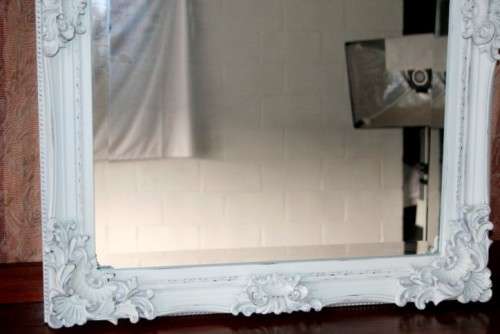 Beautiful ornately moulded "matt white" wooden framed bevelled glass wall mirror = a stunner! RS17M