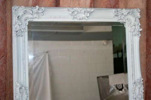 Beautiful ornately moulded "matt white" wooden framed bevelled glass wall mirror = a stunner! RS17M