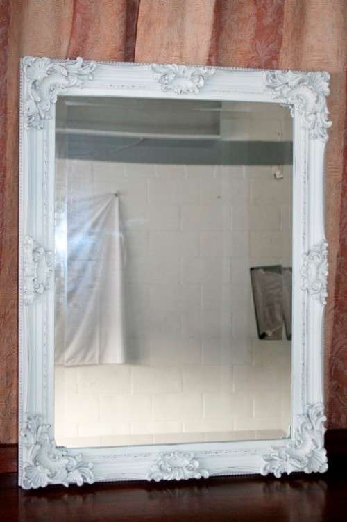 Beautiful ornately moulded "matt white" wooden framed bevelled glass wall mirror = a stunner! RS17M