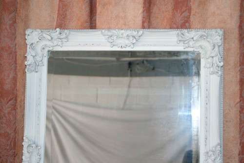 Beautiful ornately moulded "matt white" wooden framed bevelled glass wall mirror = a stunner! RS17M