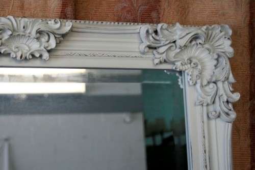 Beautiful ornately moulded "matt white" wooden framed bevelled glass wall mirror = a stunner! RS17M