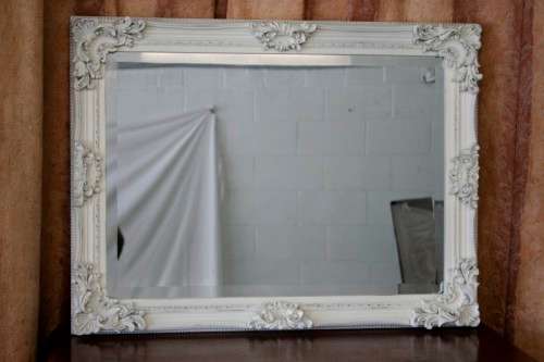 Beautiful ornately moulded "matt white" wooden framed bevelled glass wall mirror = a stunner! RS17M