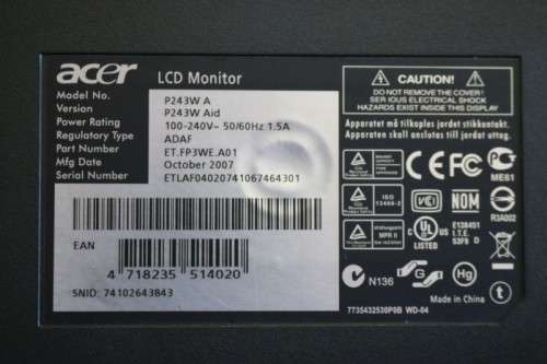 An Acer P243W HD computer monitor (24' LCD) on a stand with an HDMI port - full working condition