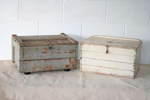 Two wonderful vintage wooden storage boxes with hinged lids and latches - price/box