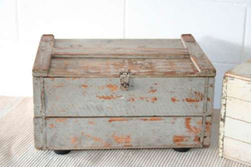 Two wonderful vintage wooden storage boxes with hinged lids and latches - price/box