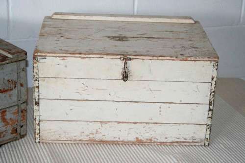 Two wonderful vintage wooden storage boxes with hinged lids and latches - price/box