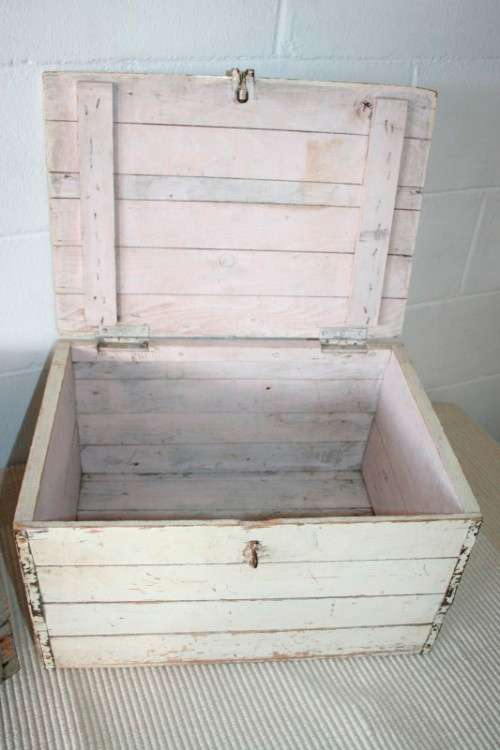 Two wonderful vintage wooden storage boxes with hinged lids and latches - price/box
