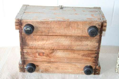 Two wonderful vintage wooden storage boxes with hinged lids and latches - price/box
