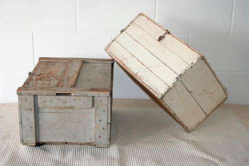 Two wonderful vintage wooden storage boxes with hinged lids and latches - price/box