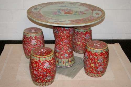 **RS17** A stunning & vibrant hand painted Chinese glaze porcelain garden table & 4x stools