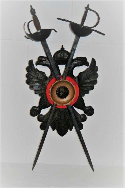 ***RARE*** Amazing vintage medieval coat of arms sword display with 2 vintage Spanish Toledo swords!