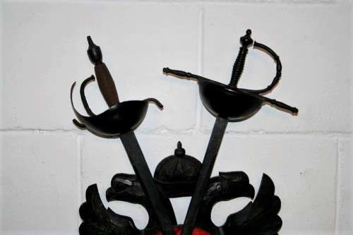 ***RARE*** Amazing vintage medieval coat of arms sword display with 2 vintage Spanish Toledo swords!