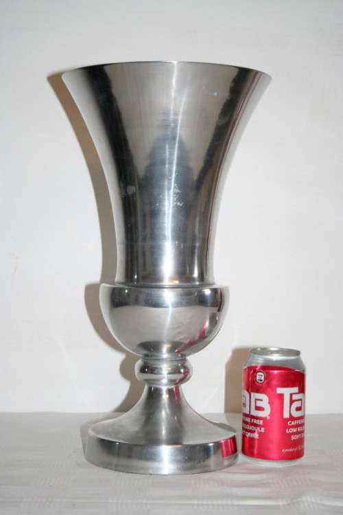 A stylish large pewter stemmed display urn-vase with a fluted flared lip and wide base