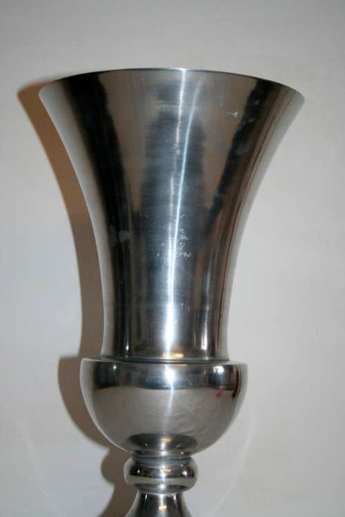 A stylish large pewter stemmed display urn-vase with a fluted flared lip and wide base